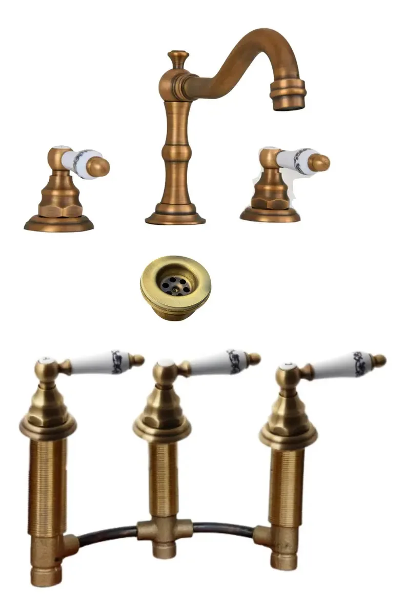 Conjunto completo de torneiras de lavatório, bidê com transferência de bronze com banheiro de cerâmica vintage e presente de drenagem Sopapa