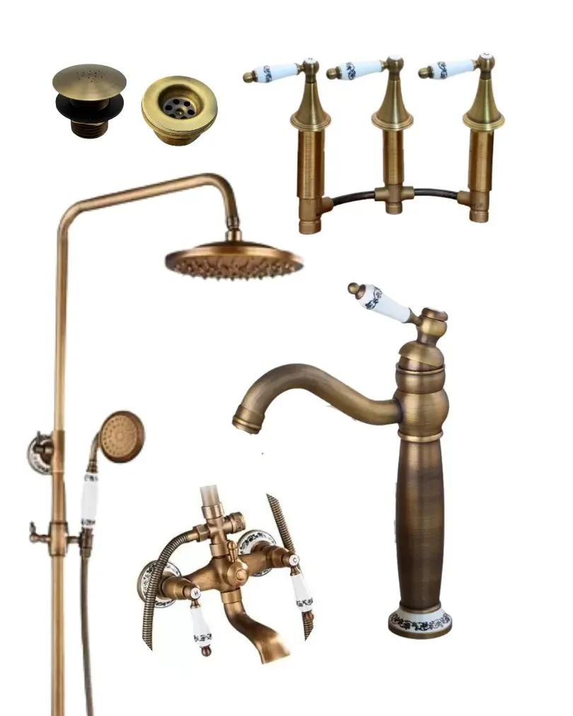 Conjunto completo de torneiras de banheiro vintage, lavatório de alavanca única, bidê com transferência, coluna de chuveiro, grade de drenagem, marca Valemma