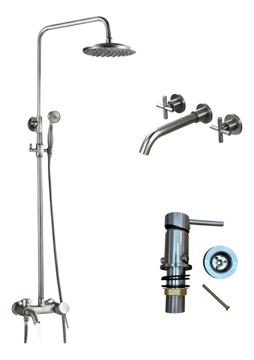 Conjunto Completo Banheiro Chuveiro Externo Bidê Lavatório de Parede Níquel