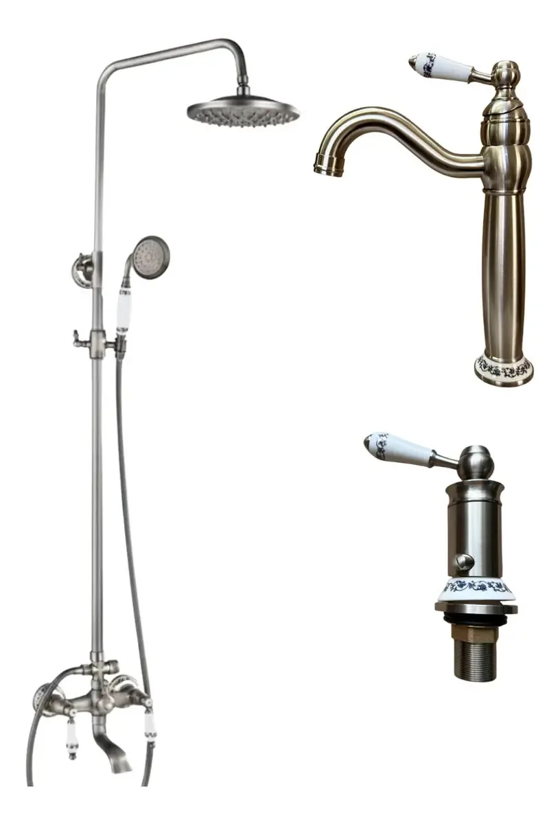 Conjunto Vintage Banheiro Completo Chuveiro Torneira Monocomando Bidê Níquel Escovado