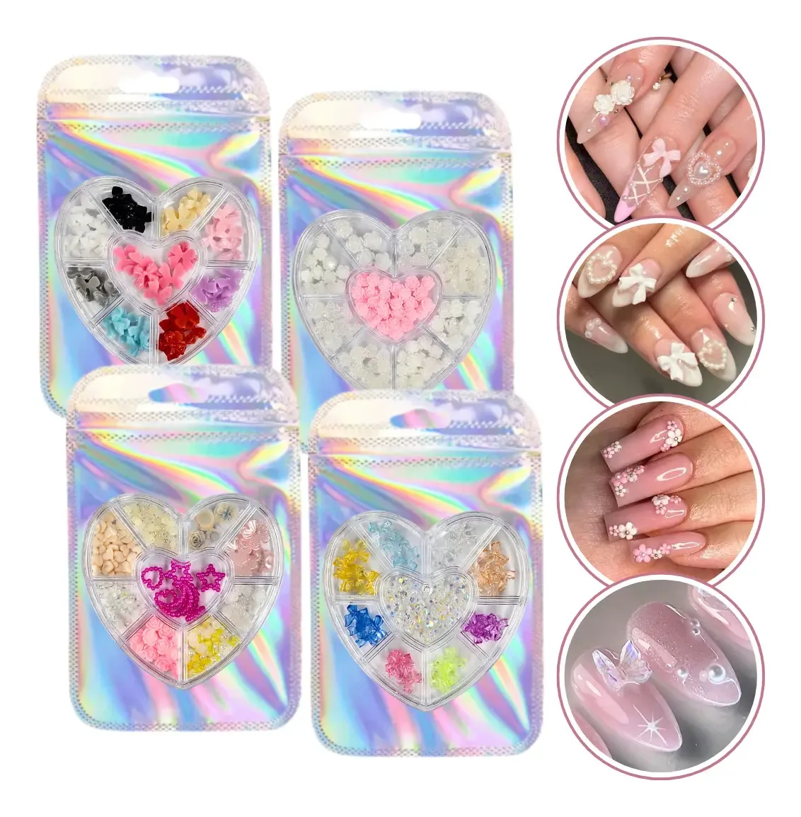 Strass para unhas DD2 Strass: coração, flores, pérolas, laços, cores variadas