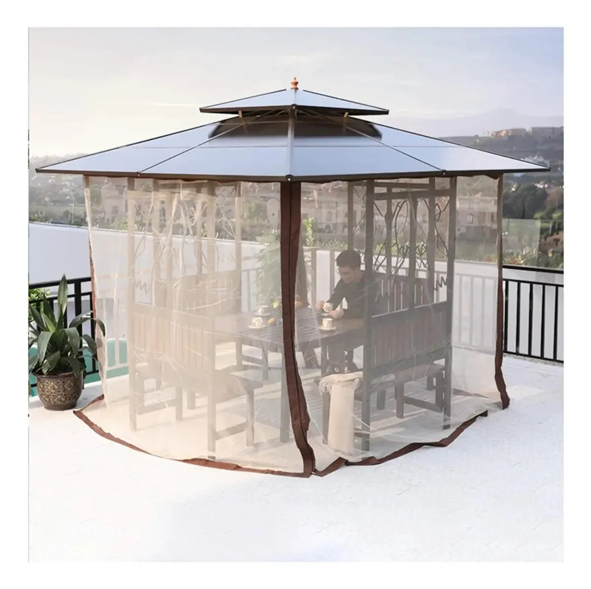 Gazebo Criativo Vomkr ao Ar Livre para Casa ou Clube de Negócios, Gazebos ao Ar Livre 10x10 Ft para Pátios com Escrivaninha, Ventilação de Telhado Duplo Mesa de Deck Traseiro Gazebo