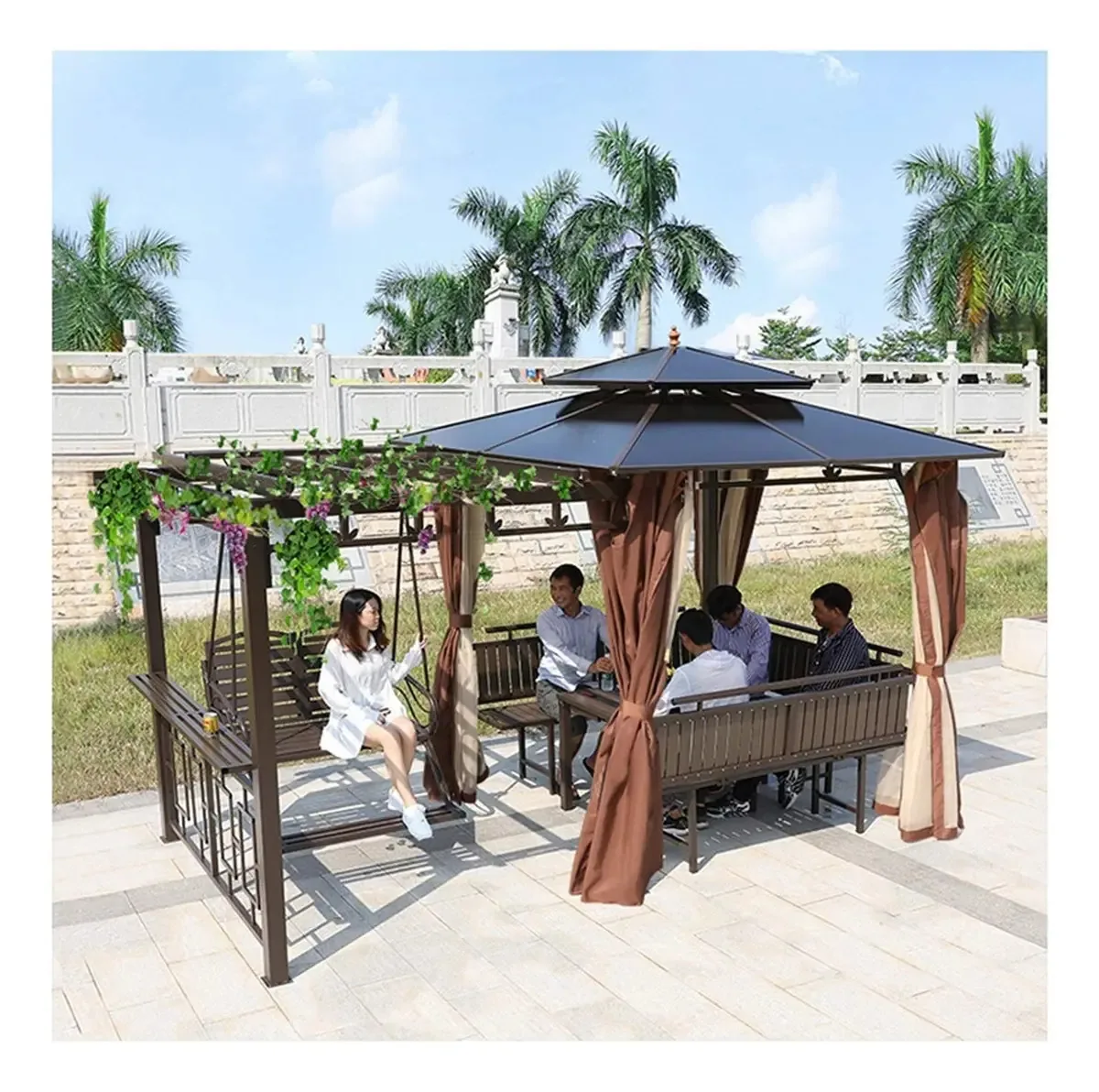 Vomkr Gazebo Criativo ao Ar Livre para Casa ou Clube de Negócios, Gazebos para Pátios, Pavilhão ao Ar Livre Toldo para Jardim, Estrutura de Uva Gazebo de Jardim com Mesa e Cadeira de Balanço