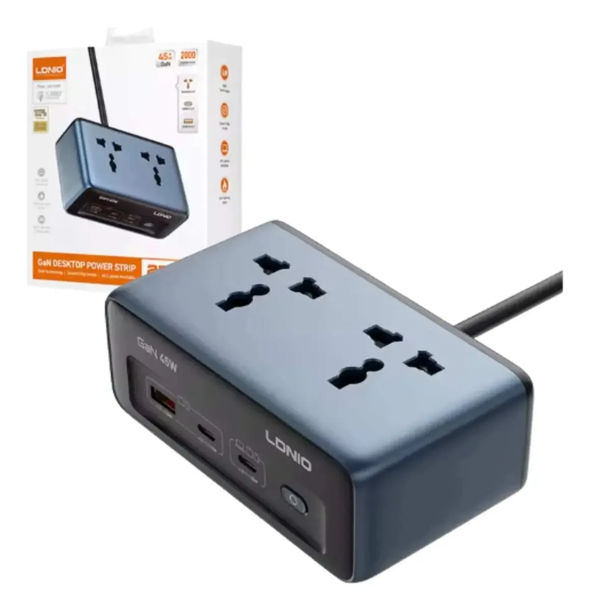 Carregador de extensão de tomada de energia de 2500w Quick Charge 45w cinza