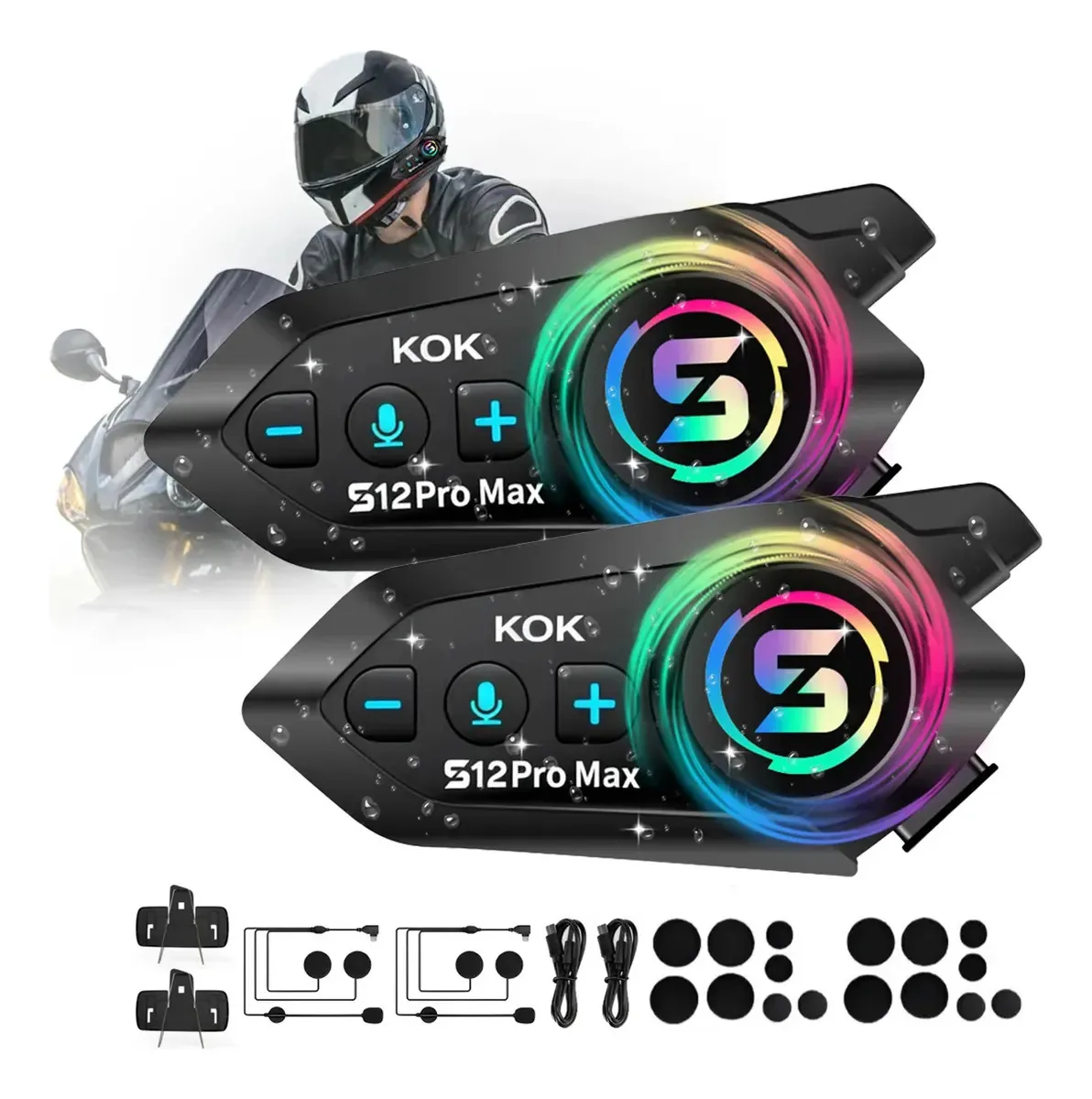Kit Kok Moto Intercom de 2 peças compatível com bate-papo em grupo em tempo real, compatível com outras marcas, rádio FM, alcance de transmissão de 1000 M, qualidade de áudio HiFi, compatível com...