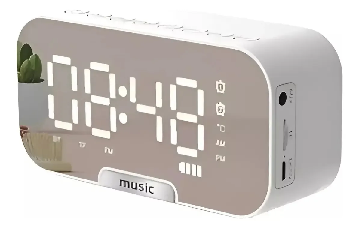 Alto-falante Bluetooth, rádio-relógio e espelho branco, despertador digital, mesa portátil, alarme digital Qatarshop, despertador, despertador, Catar