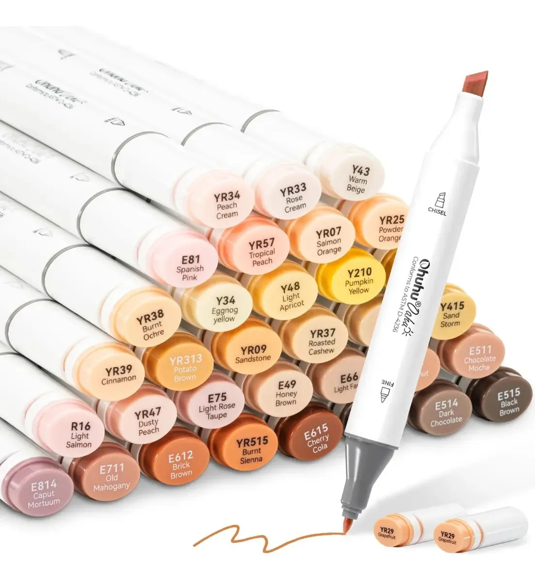 Marcadores Ohuhu Skin-Tone, 36 cores, cinzel e pontas