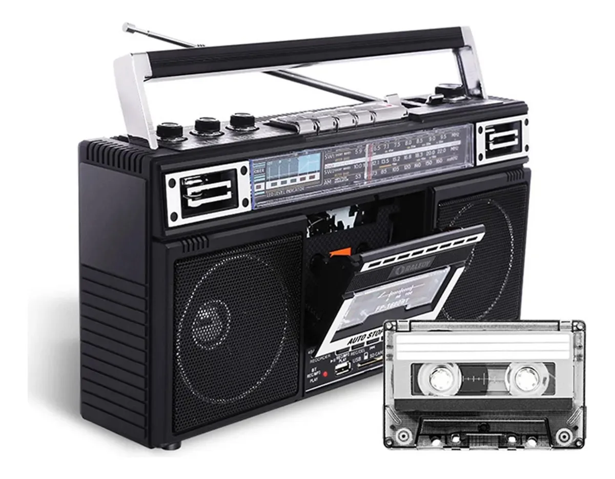 Bluetooth portátil Boombox, alto-falante estéreo de áudio integrado ao estilo dos anos 80 com toca-fitas, entrada para fone de ouvido, slot USB/MSD, rádio AM/FM, alto-falantes de baixo duplo e...