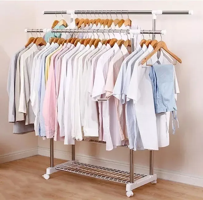 Rack de roupas móvel, barra dupla, suporte para calças com prateleiras, roupas brancas