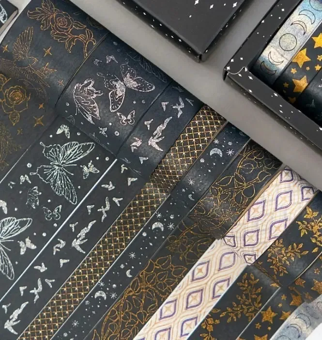 Fitas Washi Fitas adesivas decorativas, cor noturna, ouro e prata
