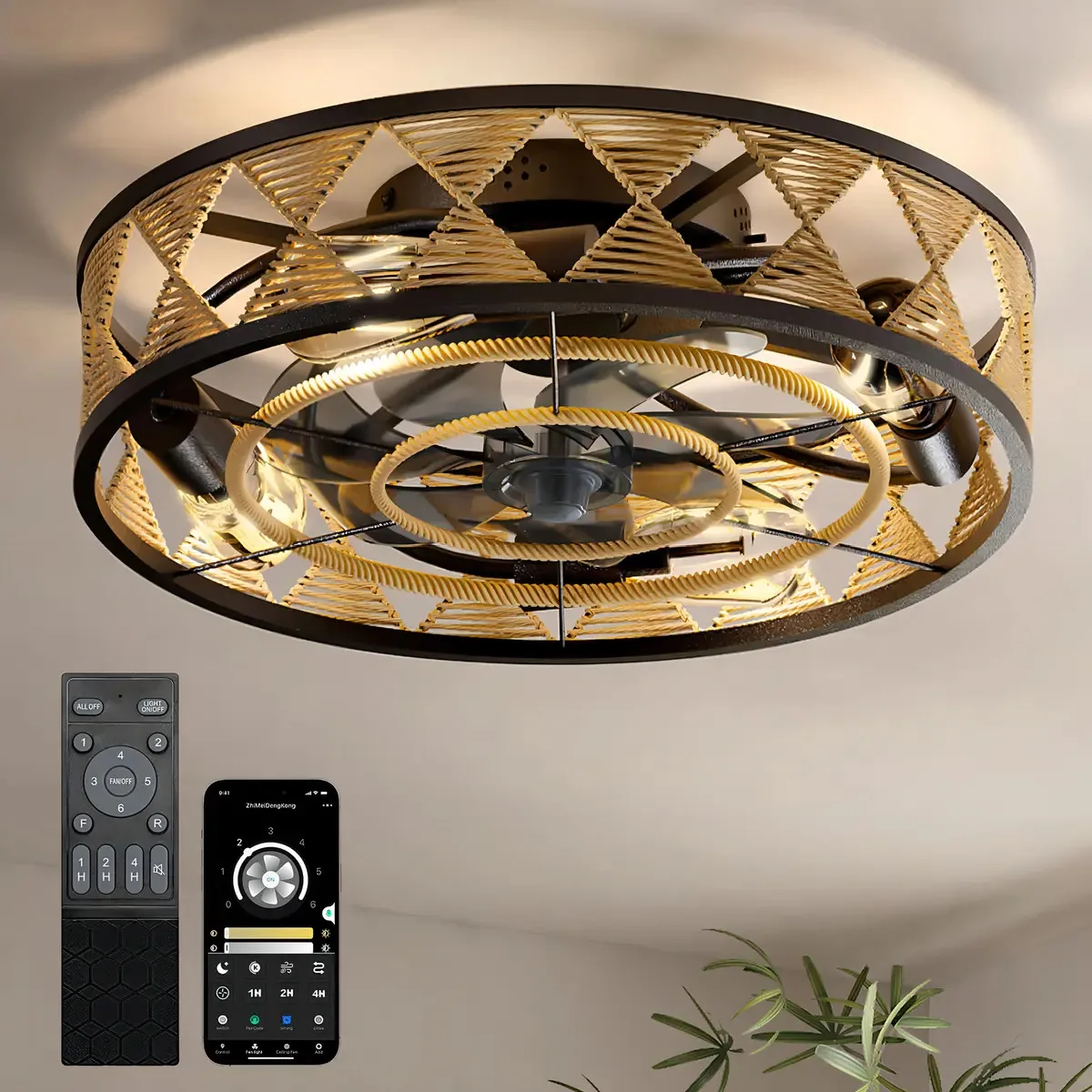 Ventiladores de teto enjaulados Cubicubi Boho com luzes e