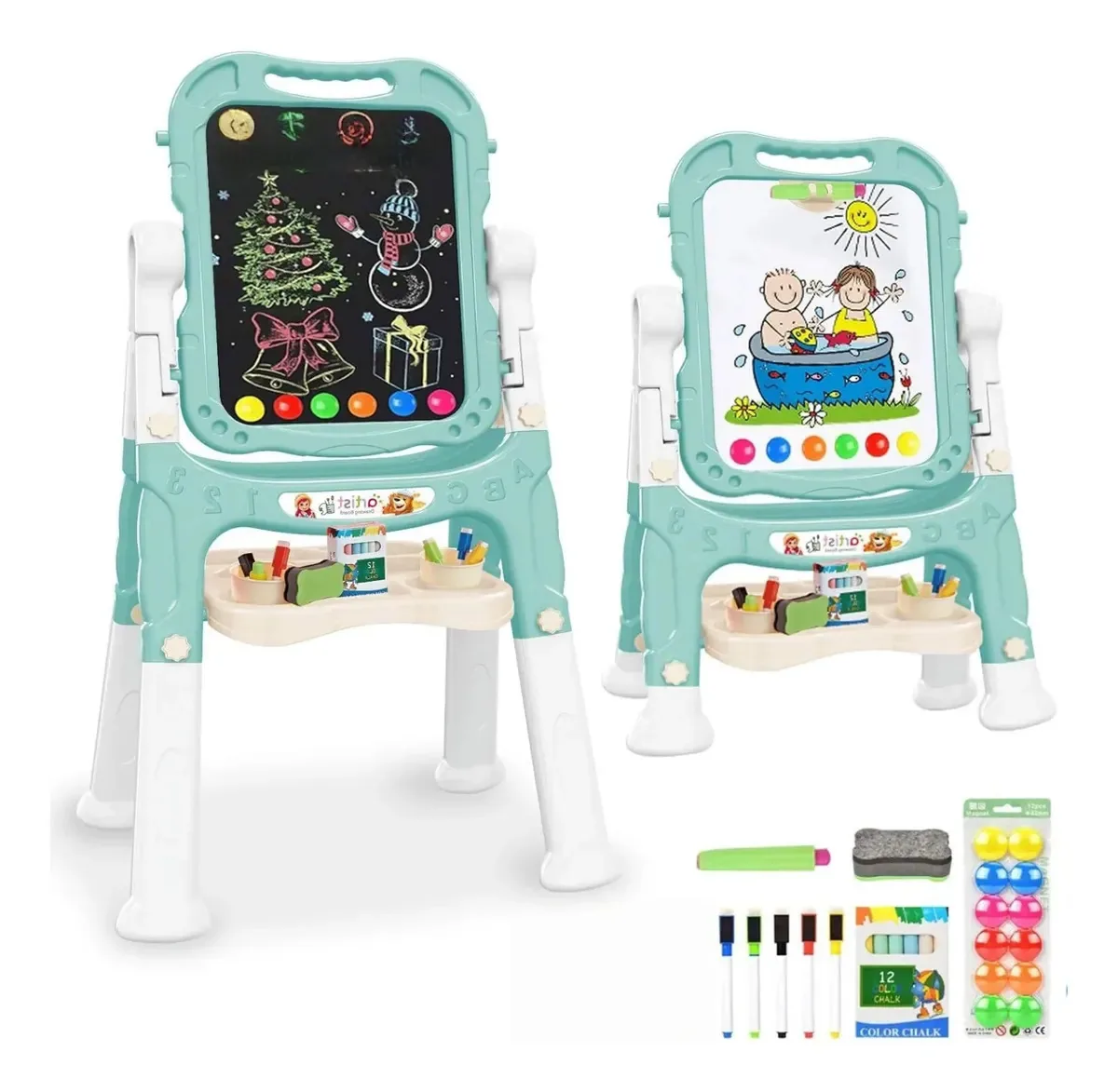 Conjunto de cavaletes para crianças, com quadro magnético de dupla face, cavaletes artísticos com altura ajustável para crianças, quadro branco de dupla face com rotação de 360°