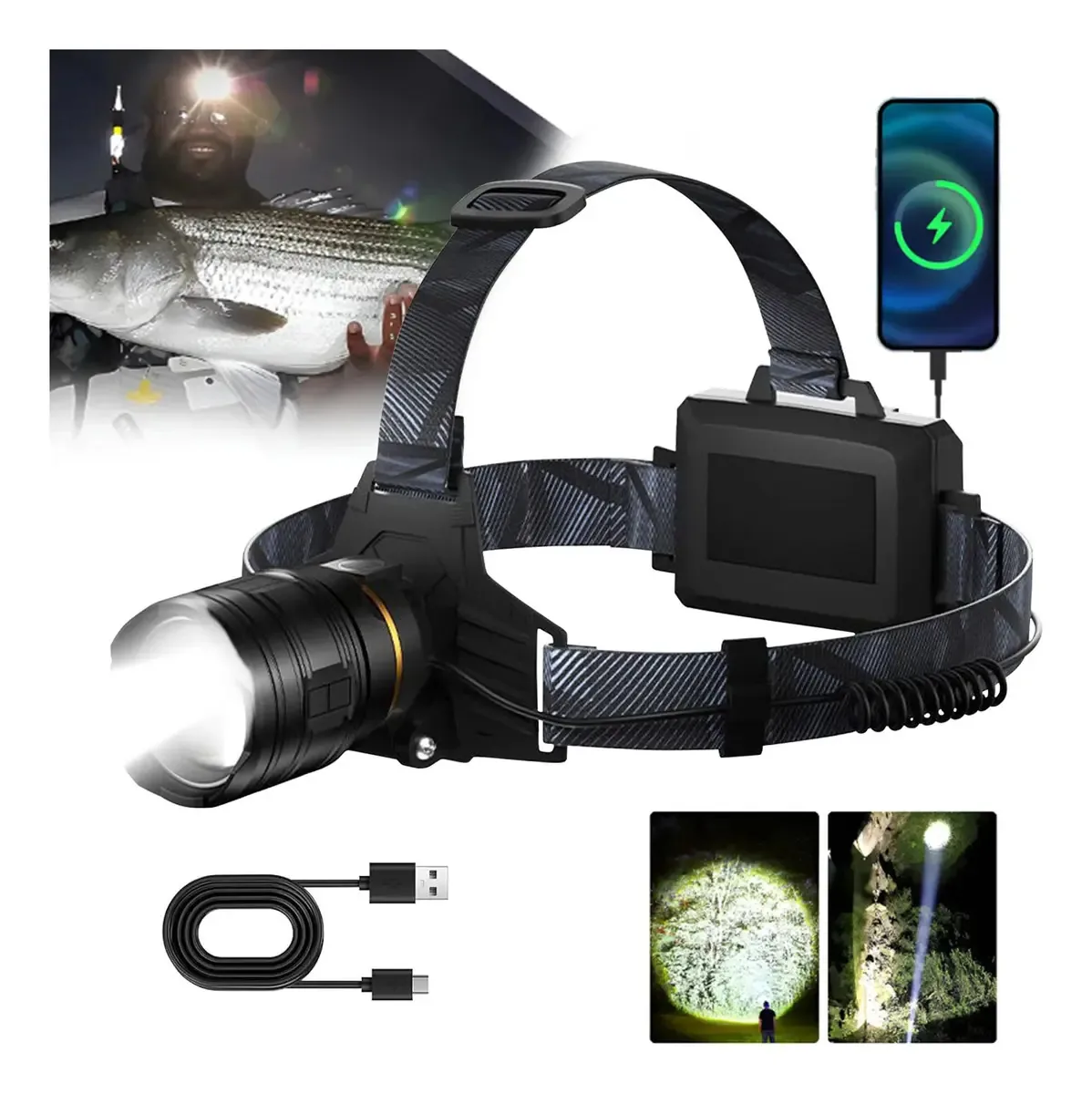 Lanterna Cabeça Potente Luz Recarregável Prova Dágua Led Ajustável Profissional Tatica Zoom Luz Branco Caça Camping Vigilancia Bike
