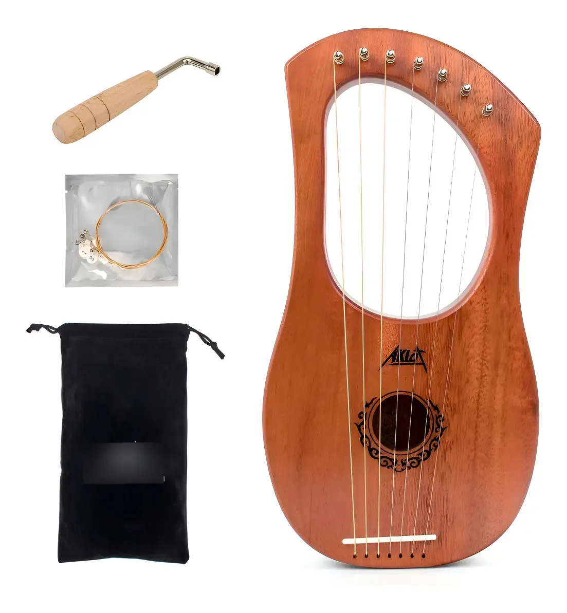 Aklot - Harpa de lira de 7 cordas, 7 cordas de metal, soleira. Cor: Mogno