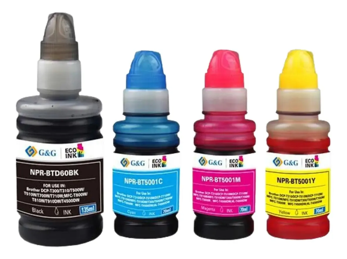 Pacote de 4 tintas para Brother Btd60bk 135 ml Bt5001 cores 70 ml de tinta preta