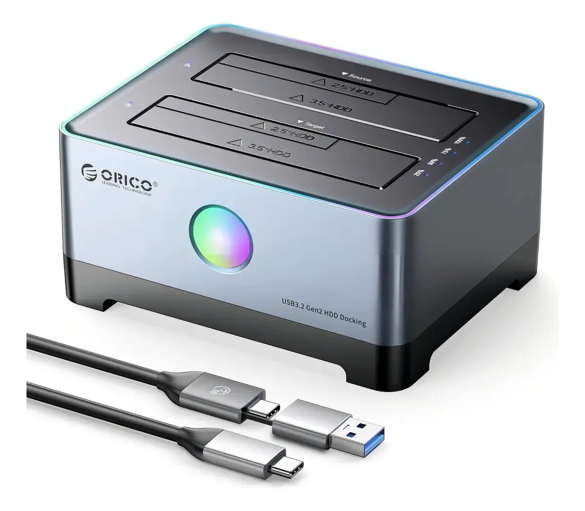 Clonador de Disco Orico USB-C RGB 2 Baias 3.5 HDD/SSD SATA Clonagem Offline