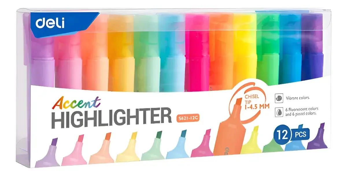 Iluminadores fluorescentes Deli Accent + pastéis x 12 pontas chanfradas, 12 cores