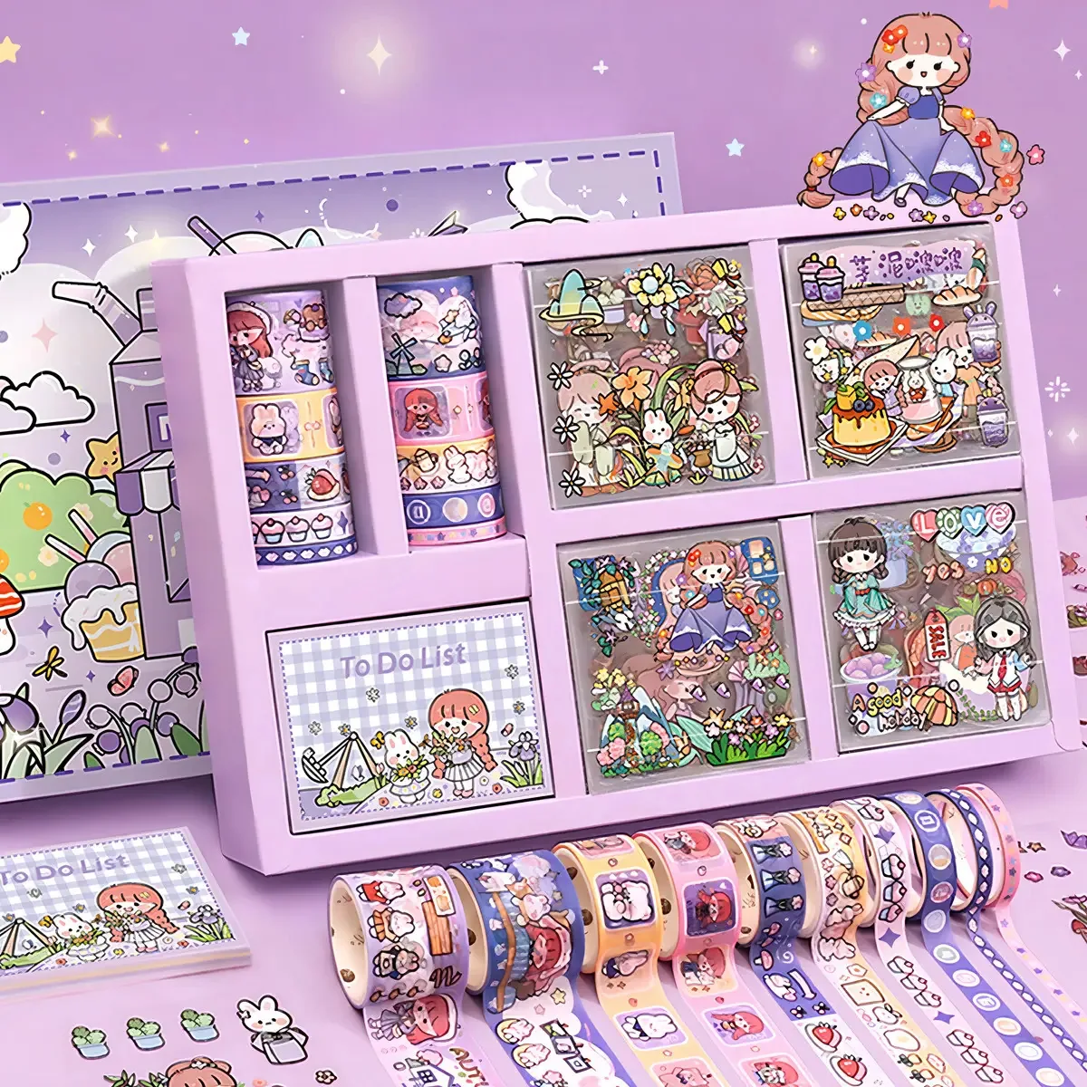 Kit de fita adesiva e notas com decalque Kawaii, adesivos e notas