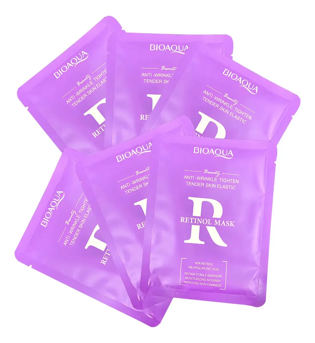 Pacote com 6 Máscaras Faciais Bioaqua de Retinol e Ácido Hialurônico Antirrugas