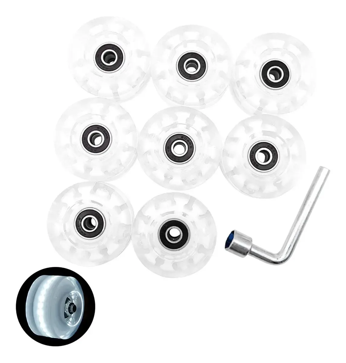 8 Rodas Luminosas de Patins, Rodas de Dupla Fileira com Rolamentos e Chave, Luzes LED para Skate