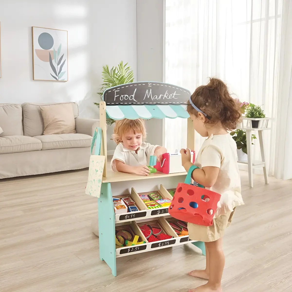Brinquedo infantil de madeira Hape com comida e cesta