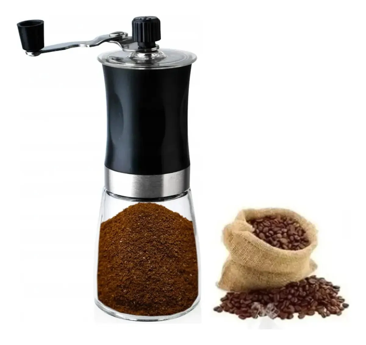 Moedor De Cafe Manual Graos Manivela Vidro E Aco Inox Preto