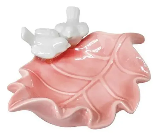 Enfeite Decorativo Porta Jóias Porcelana Folha Rosa Pássaros
