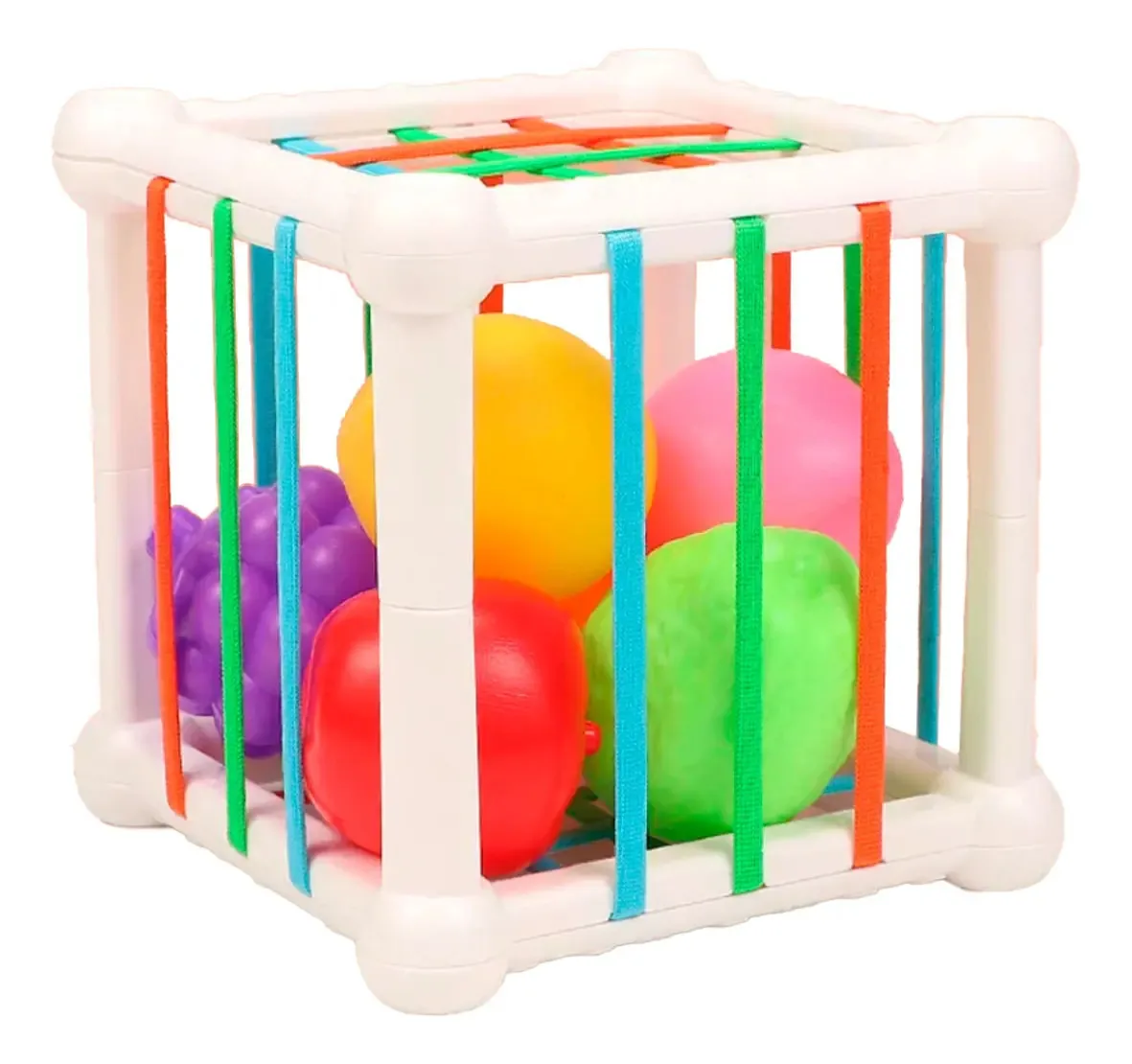 Cubo educacional com fios elásticos com frutas e vegetais