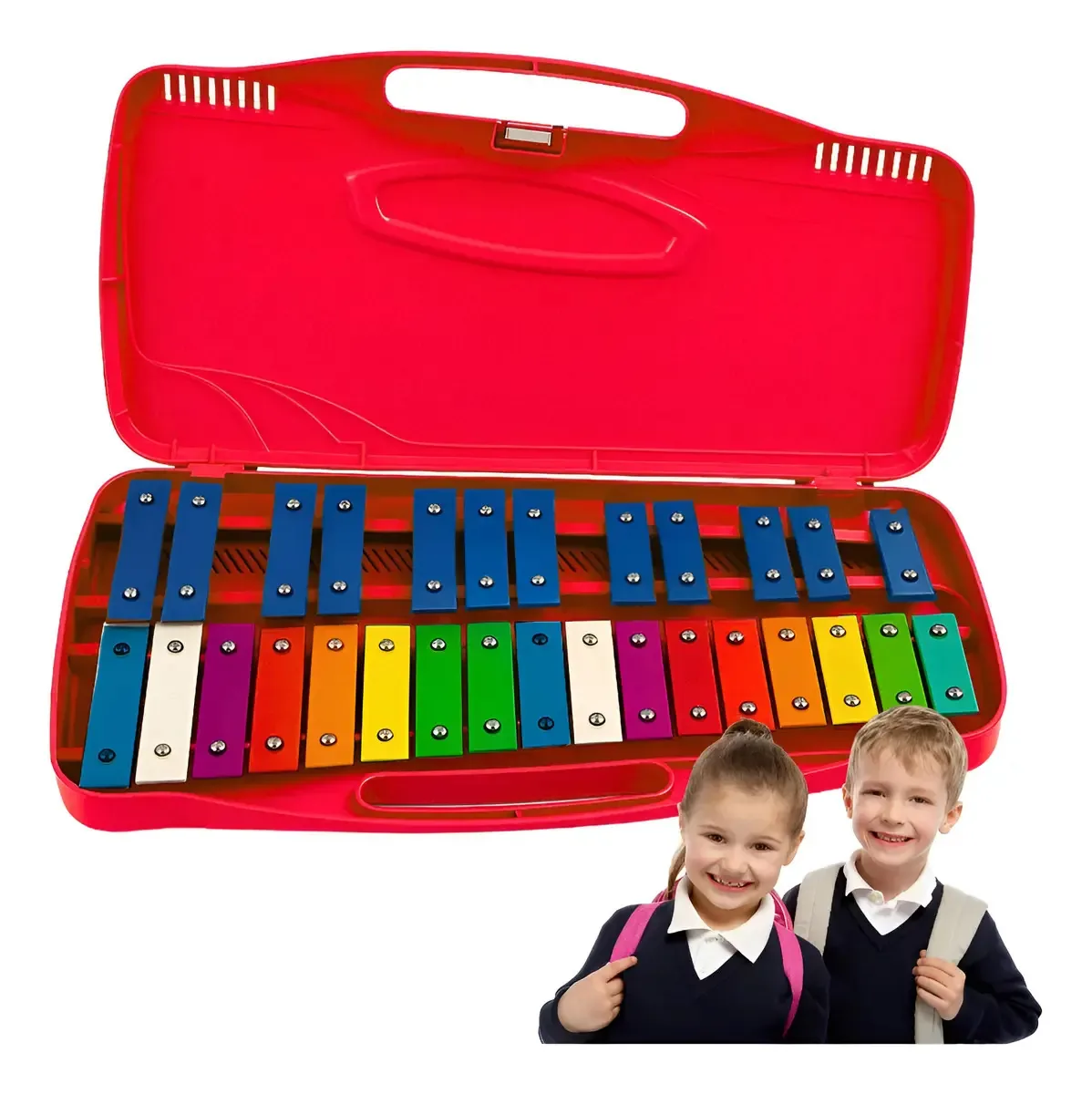 Xilofone metalofone de 25 notas com mala de brinquedo para crianças - vermelho