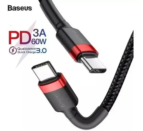 Cabo 2 Pontas Tipo C Qc 3.0 60w Reforçado Baseus 50cm Cor Preto
