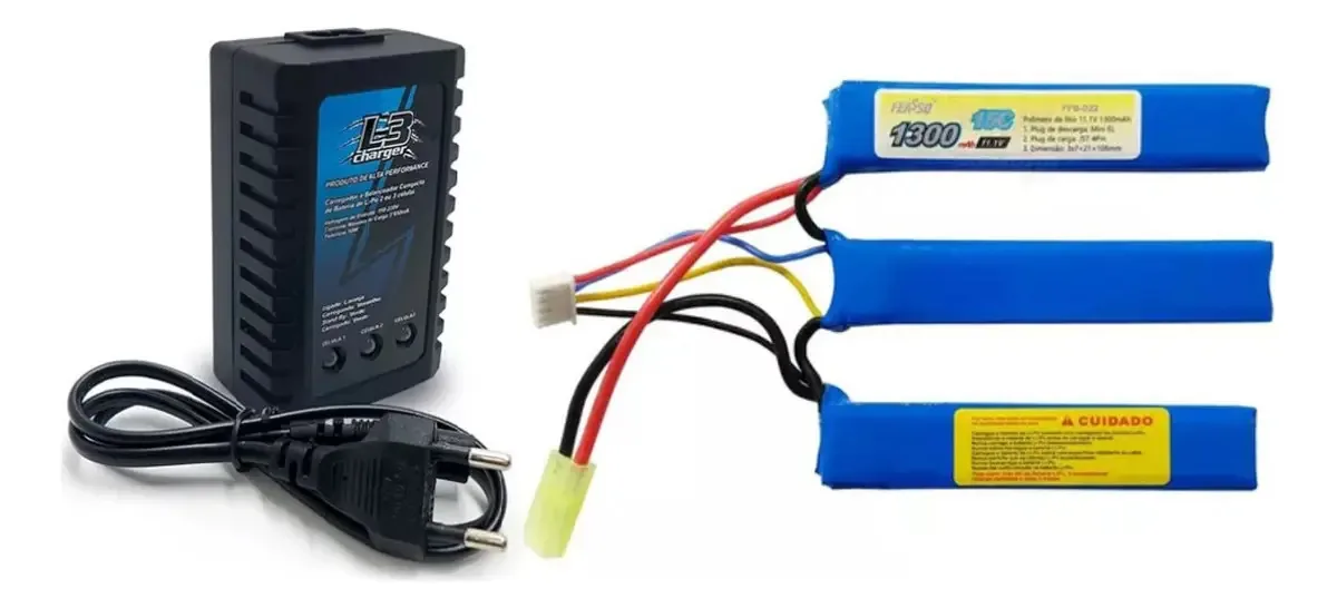 Bateria Li-Po 11.1V 1300mAh Feasso para Airsoft com Carregador