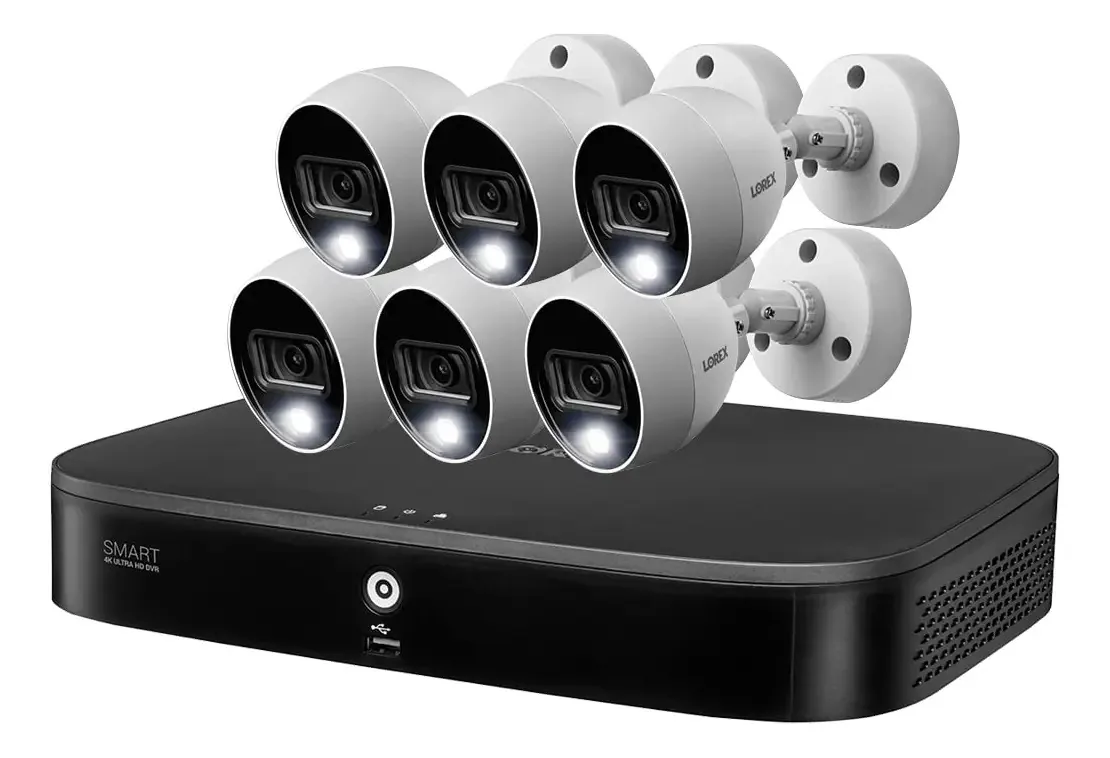 Sistema de segurança de dissuasão ativa Lorex de 8 canais 4k Ultra HD com 6 câmeras internas/externas, branco (6 câmeras e 8 canais)