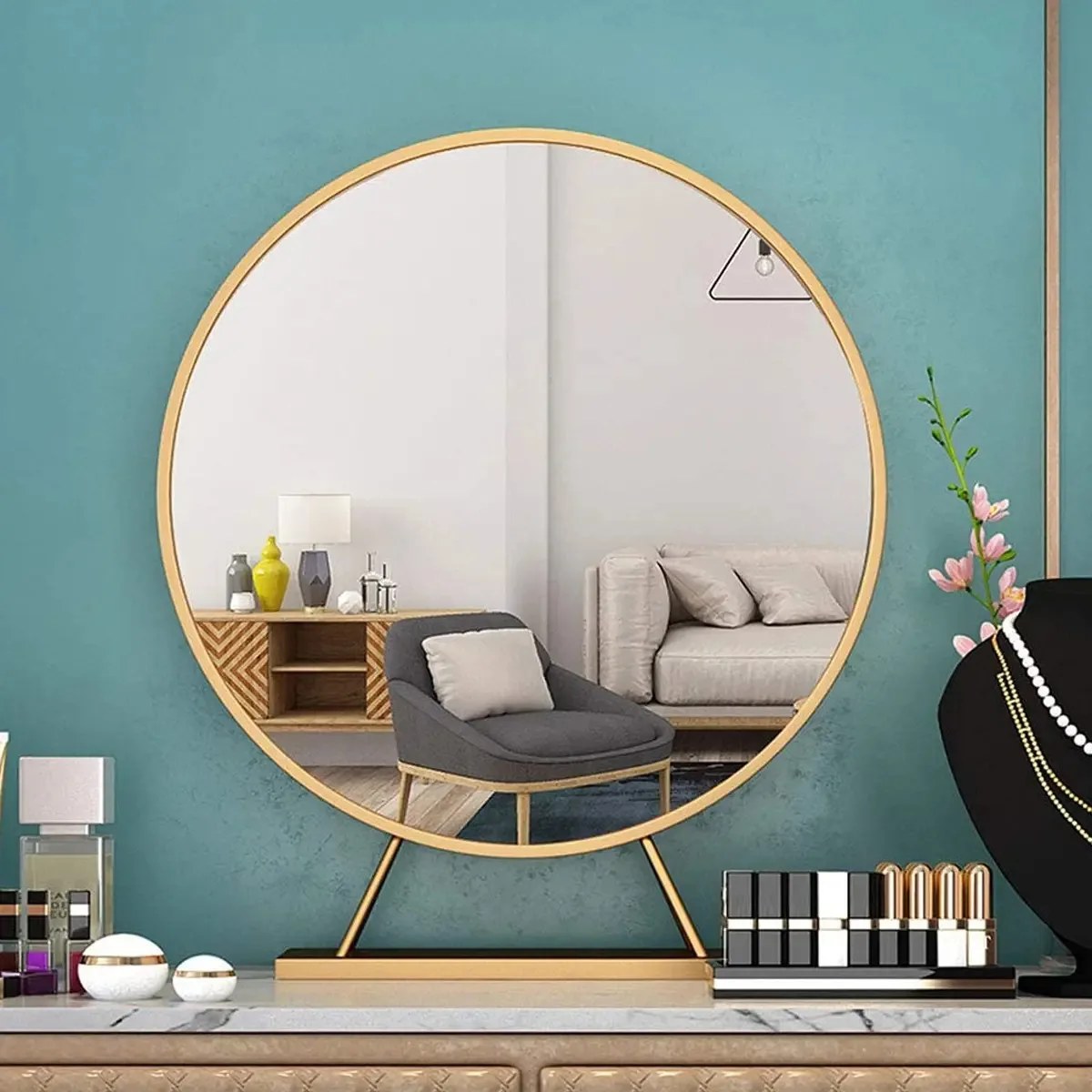 Hhdd Espelho Redondo Dourado Com Base, Decoração De Penteadeira, Espelhos Circulares Grandes, Espelho De Pé Com Moldura De Metal, Espelho De Penteadeira Moderno, Sala De Estar, Banheiro, Quarto