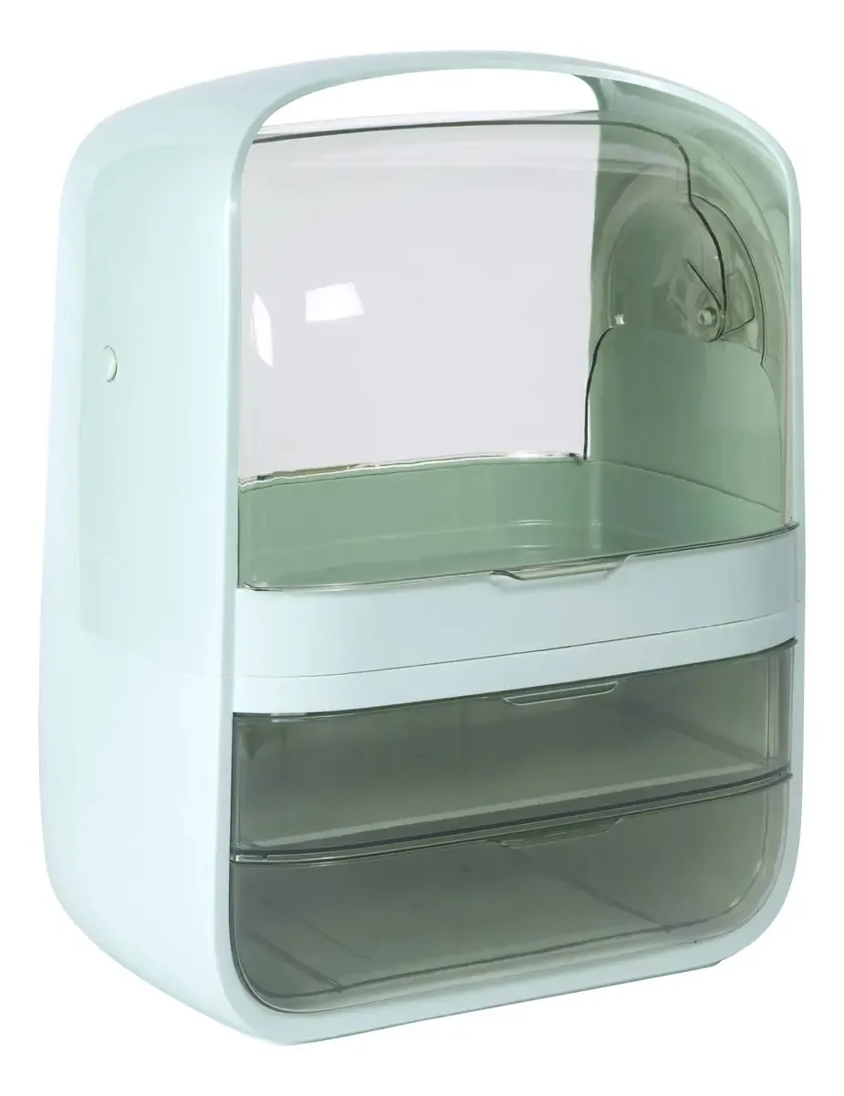 Organizador elegante de cosméticos e maquiagem Ravena Dressy com alça — cômoda ou banheiro — 2 gavetas, 3 camadas, tamanho L, altura 36 cm — Cor verde