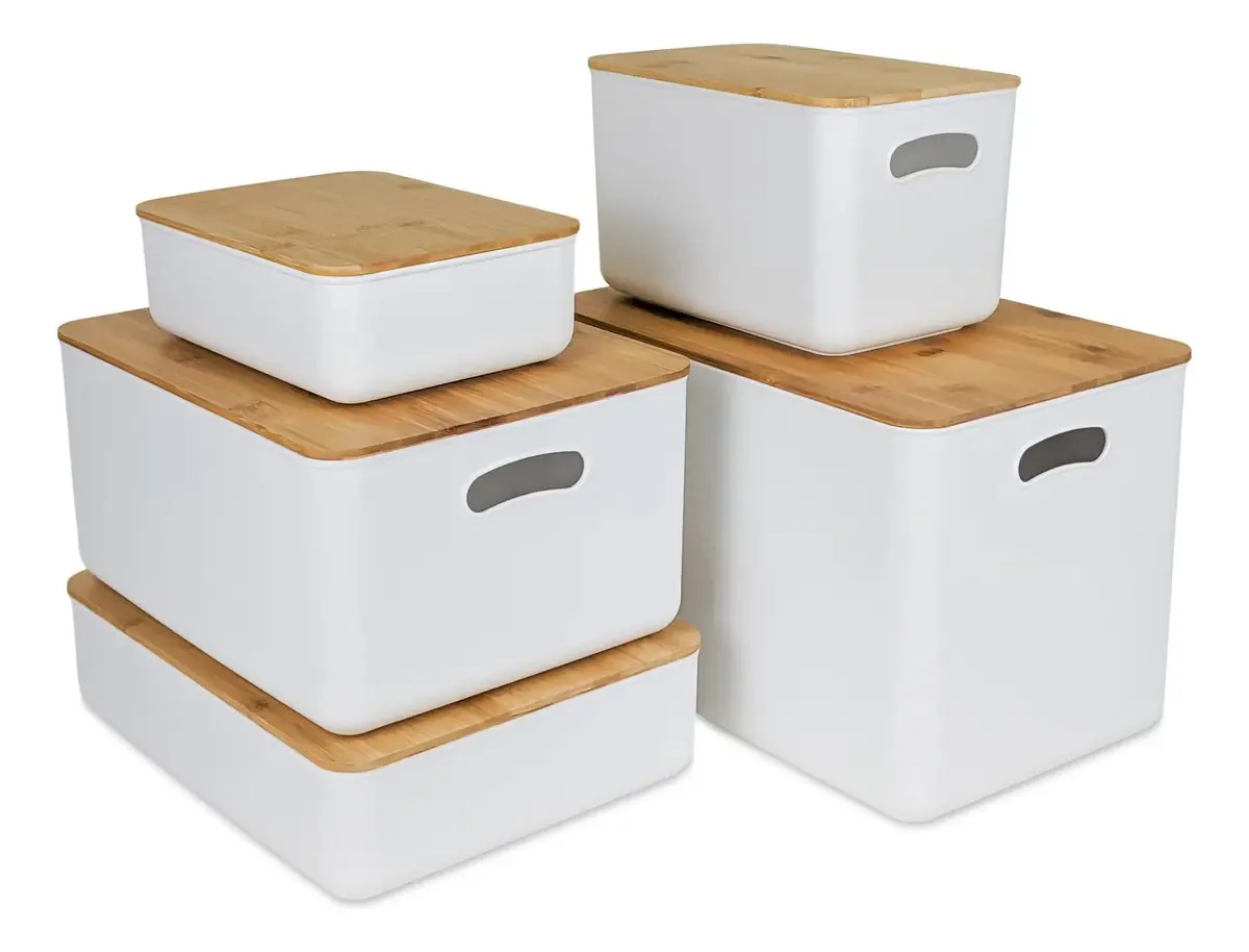 Conjunto, conjunto de 5 cestos Ravena, organizadores multiuso, cestos brancos com tampa de bambu - caixas para brinquedos, roupas, banho - decoração e organização