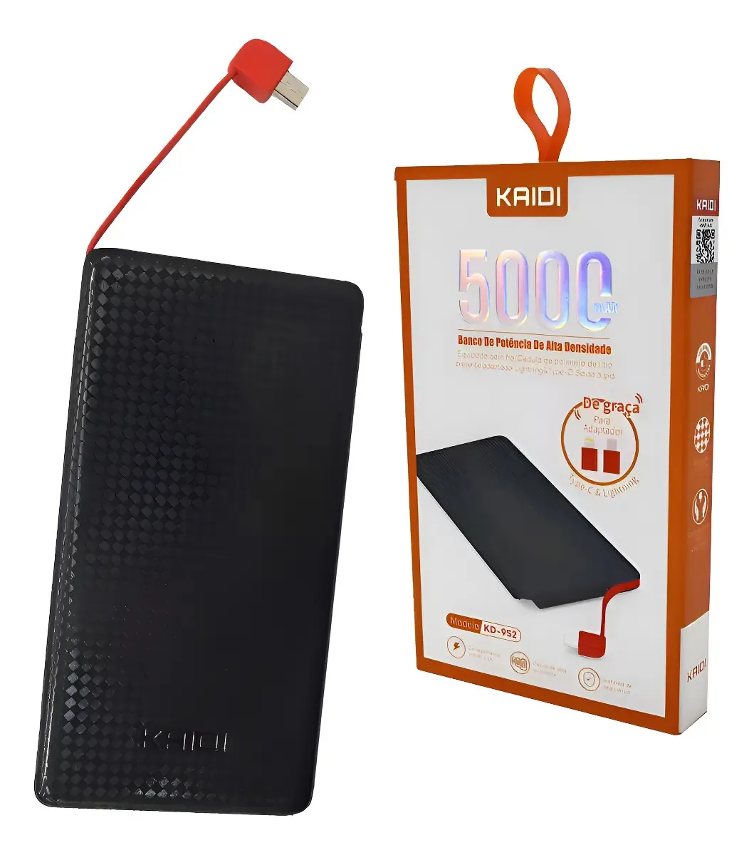 Carregador Portátil Kaidi 5000mAh USB Preto Power Bank KD-952