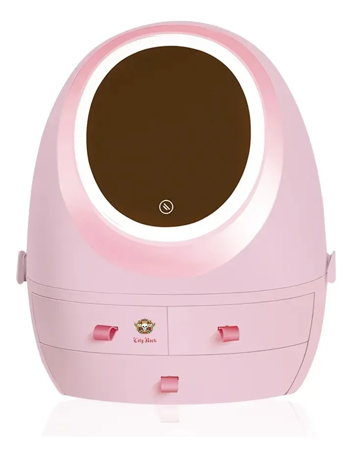 Organizador Porta Maquiagem Removível Com Gaveta Espelho Led Cor Rosa