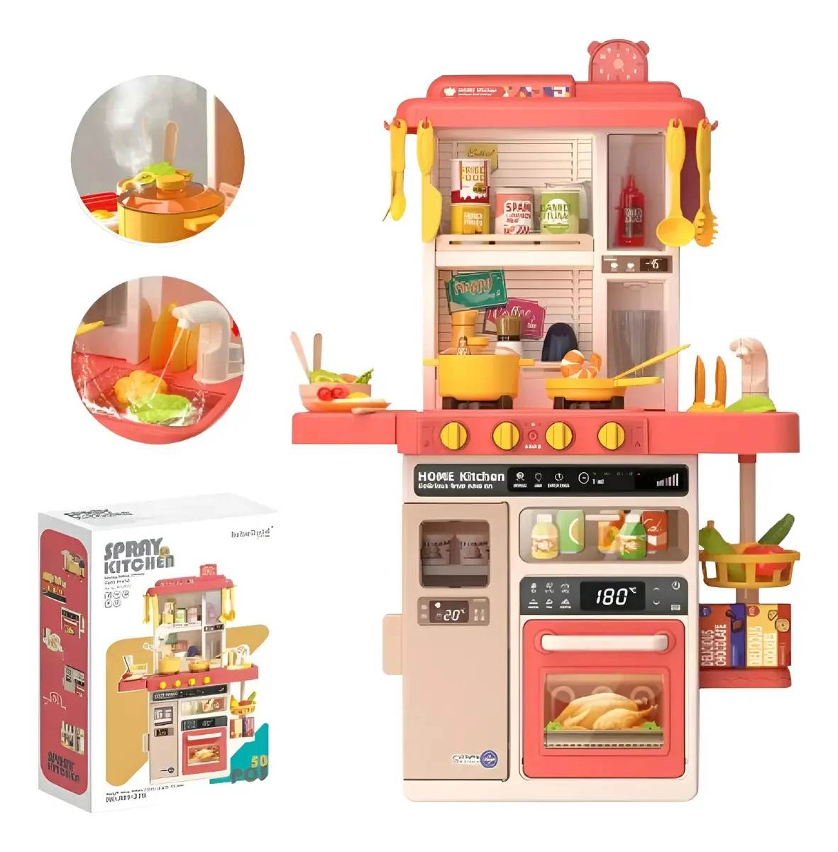 Brinquedo de cozinha grande 50 peças para crianças Spray Kitchen 78 cm rosa