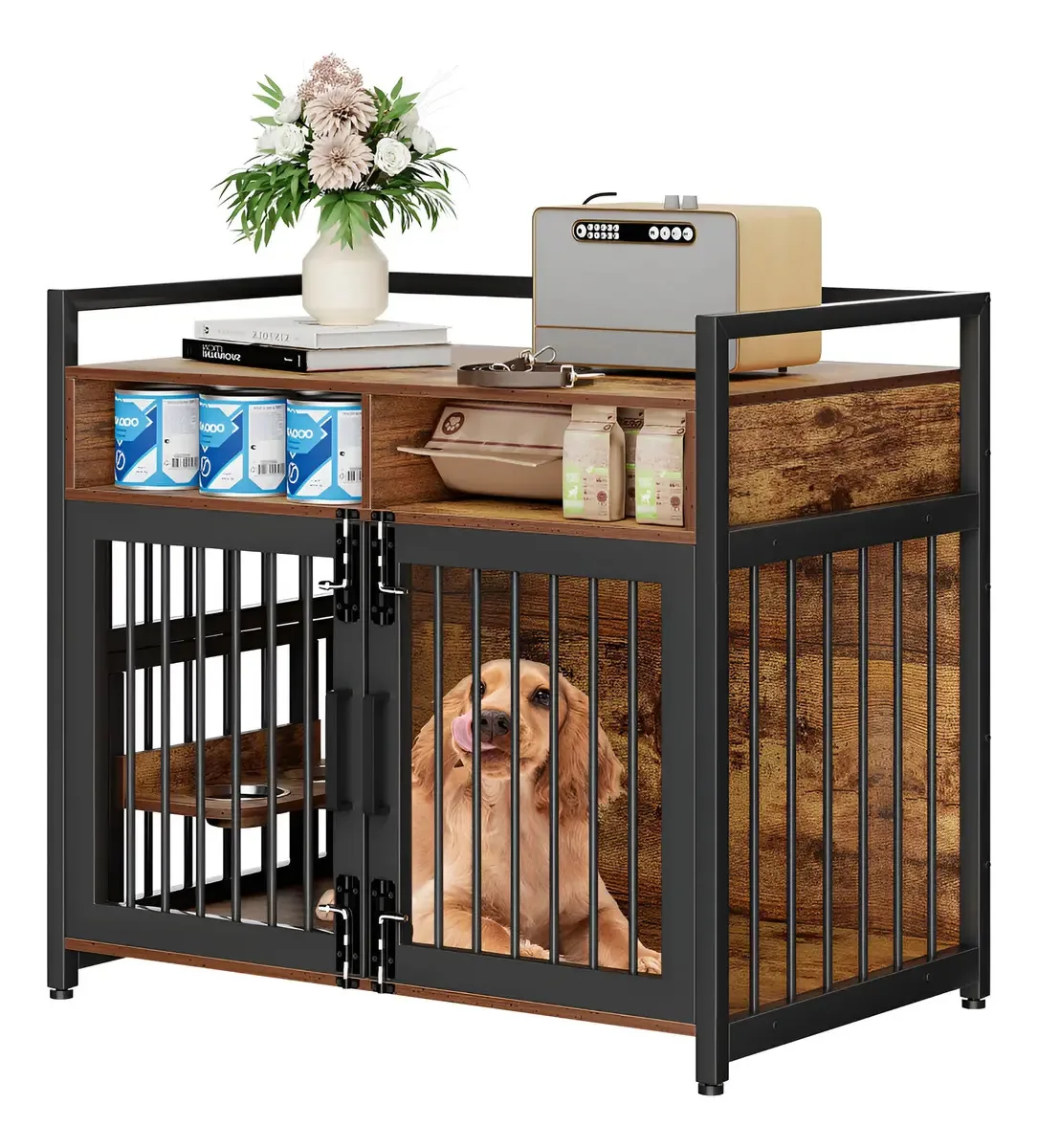 Móveis de estilo gaiola para cães com armazenamento, cor da mobília: marrom