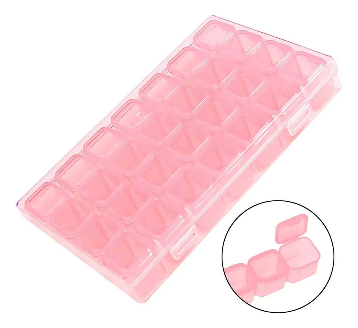 1 Caixa Box Organizador 28 Divisórias Pedrarias Unhas Strass Cor Rosa
