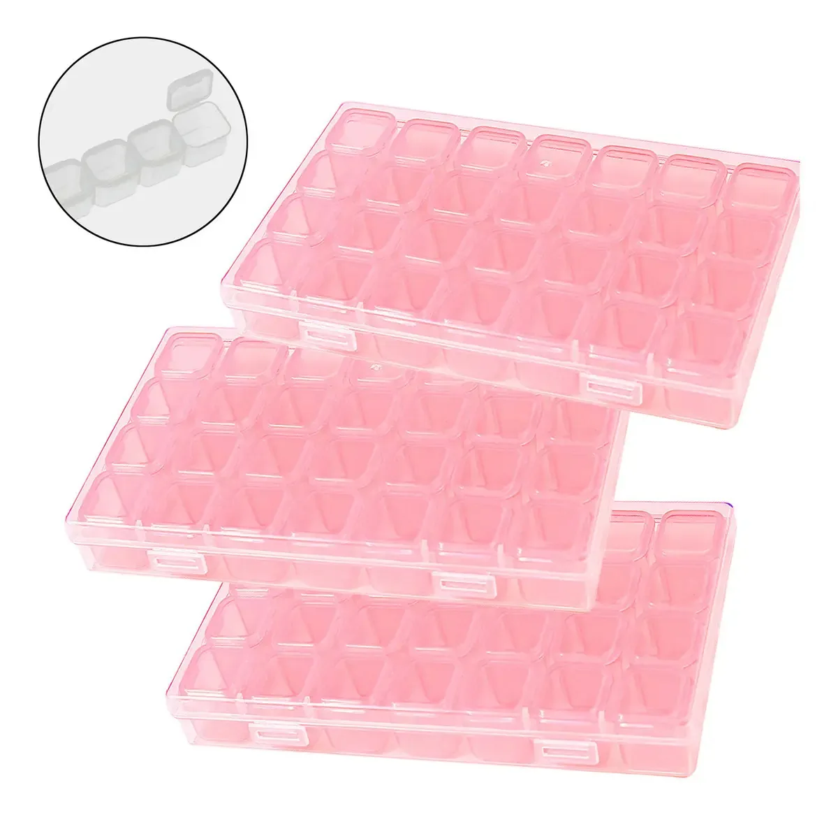 Kit 3 Caixa Organizador 28 Divisórias Pedrarias Unhas Strass Cor Rosa