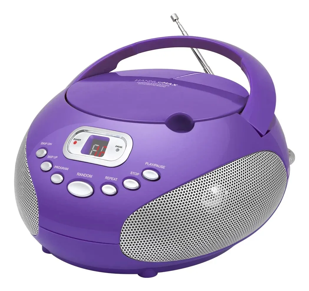 Boombox portátil de CD Hannlomax Hx-319Cd, rádio AM/FM, display LED, conector auxiliar, fonte de alimentação dupla AC/DC (roxa)