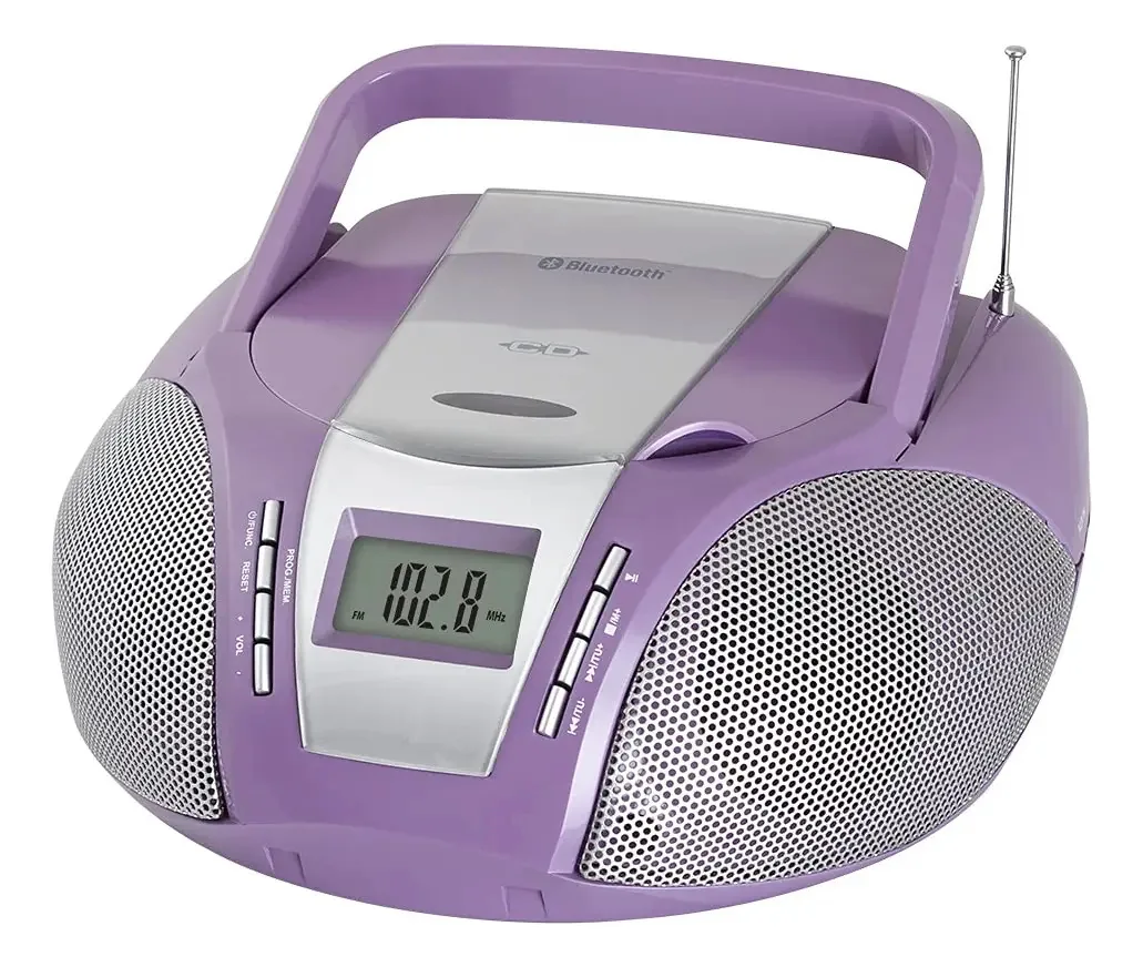 CD portátil Hannlomax Hx-322cd Boombox com rádio, rádio AM/FM, Bluetooth, entrada auxiliar, fonte de alimentação dupla AC/DC (roxa)