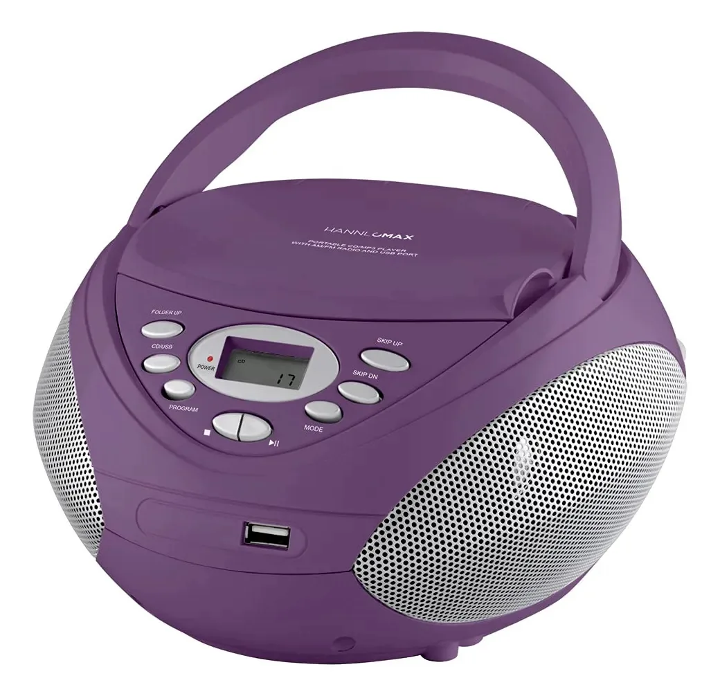 Boombox portátil de CD/MP3 Hannlomax Hx-326CD, rádio AM/FM, porta USB para reprodução de MP3, entrada auxiliar, display LCD, fonte de alimentação CA/CC dupla. (roxo)
