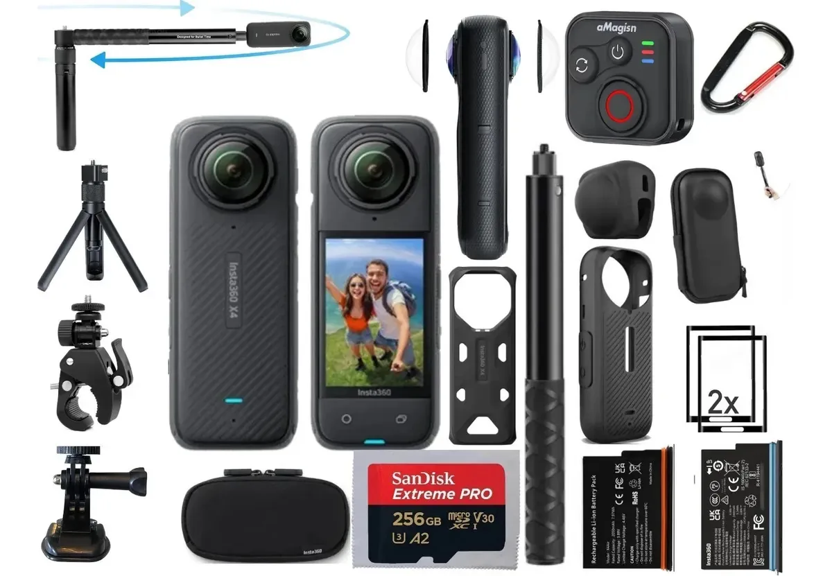 Câmera Insta360 X4 256 GB 2 Baterias Standard Bundle Kit completo de acessórios cor preta