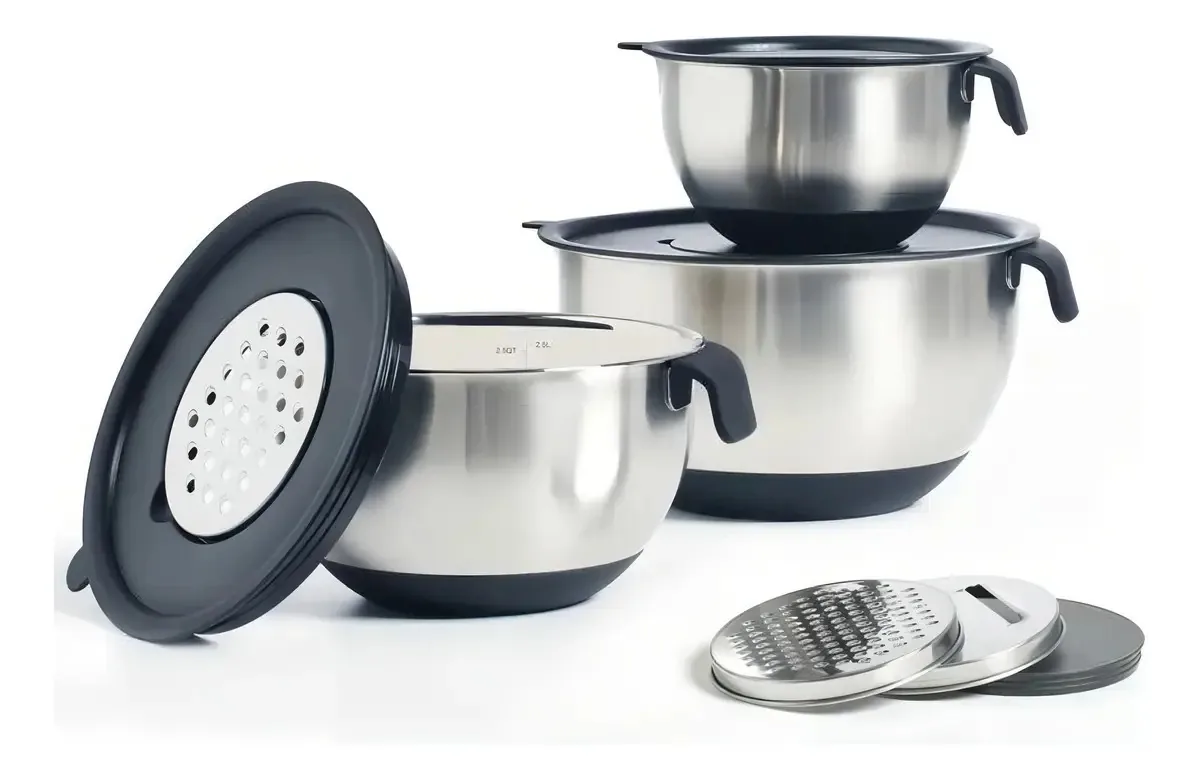 Conjunto Bowls Tigelas Inox Com Tampa Plástica Ralador Chef