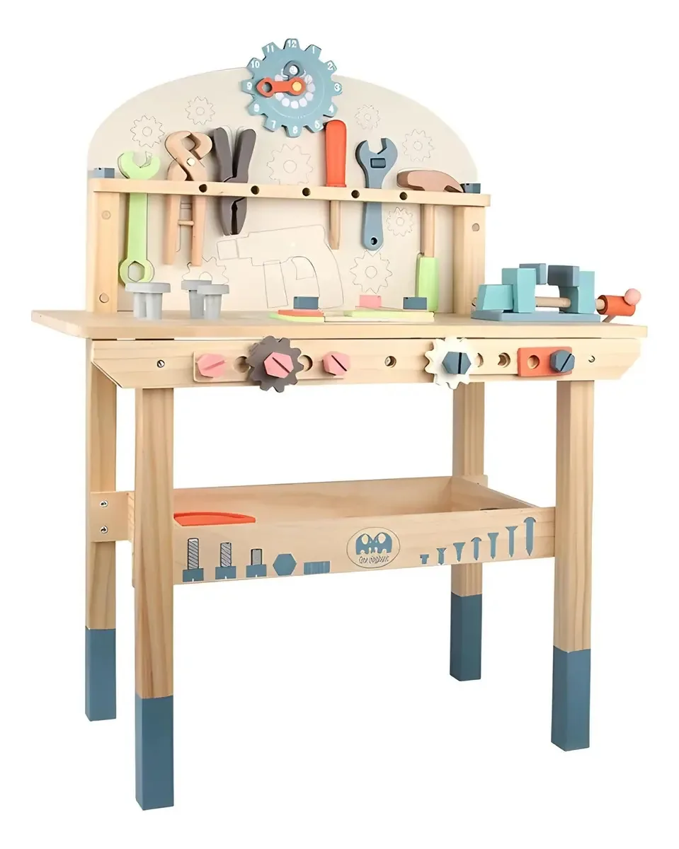 Conjunto de ferramentas e mesa de trabalho de madeira para crianças!! Número de peças 48