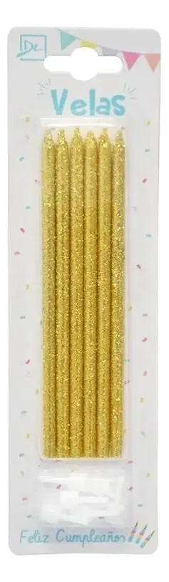 Velas longas com glitter dourado X 12 - Aniversário