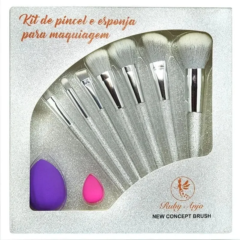 Kit Pincéis Maquiagem Ruby Anjo Com 7 Pincéis + 2 Esponjas Cor Prateado
