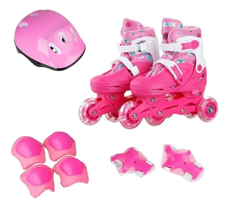 Patins Infantil 4 Rodas In Line Com Kit Proteção 32-35 Preto Cor Rosa Tamanho Das Rodas 3.2 Cm Tamanho Dos Patins 32